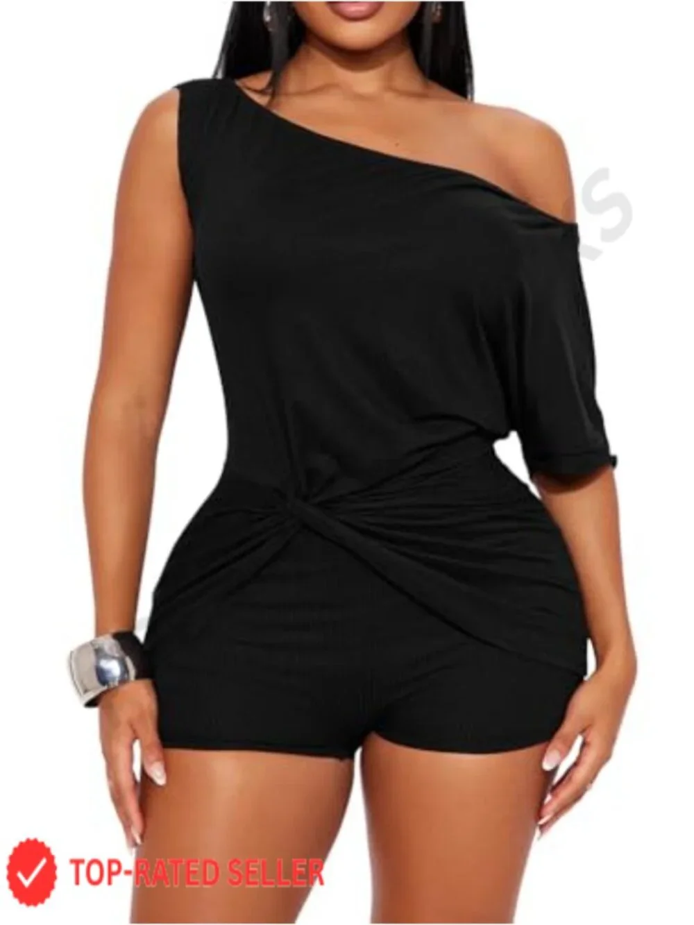 One Shoulder Ribbed Knit Bodycon Romper Jumpsuit